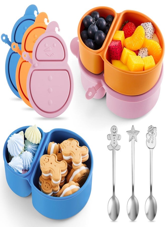 Teecyhooo 3 Set Christmas Silicone Snack Containers with Lids Snowman Reusable Snack Box with Spoons 2 Compartment Leak Proof Portable Small Food Storage Box for Christmas Party Travel, Office, Picnic - Image 1